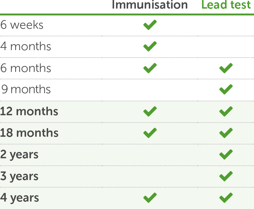 This diagram outlines the age that babies and children should be tested for lead. Free testing is aligned with immunisation and is recommended at 12 months, 18 months, two (2) years, three (3) years and four (4) years of age.